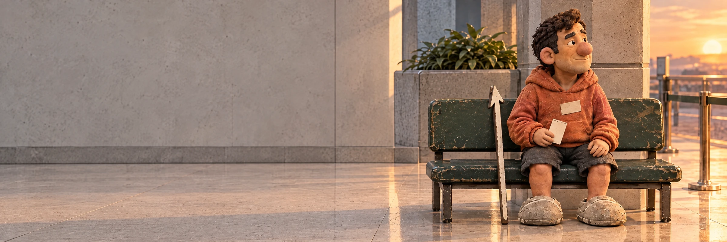 Hugh sits on a bench looking toward warm light outside the quiet checkpoint.