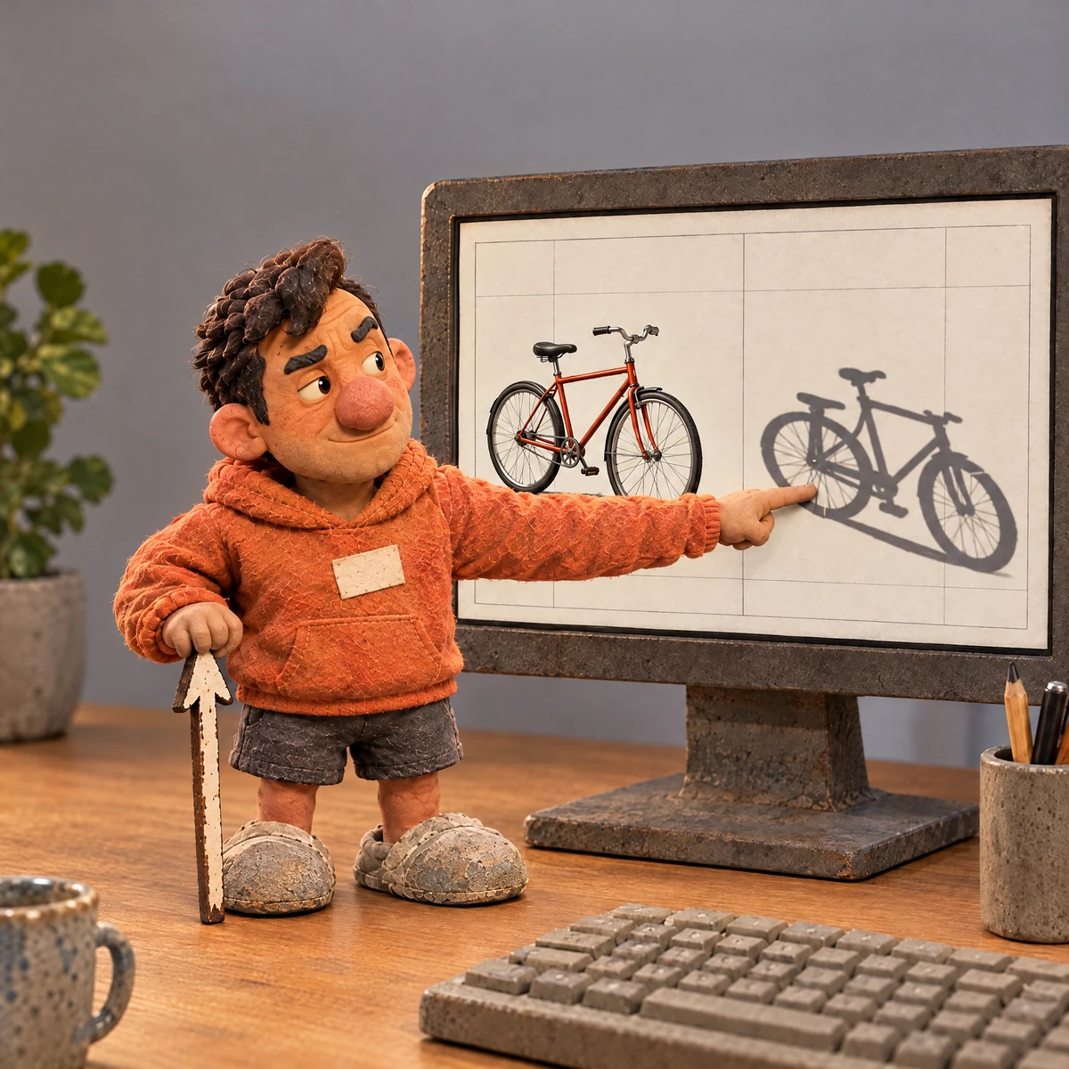 Hugh confidently points at a bicycle's shadow rather than the bicycle on a screen.