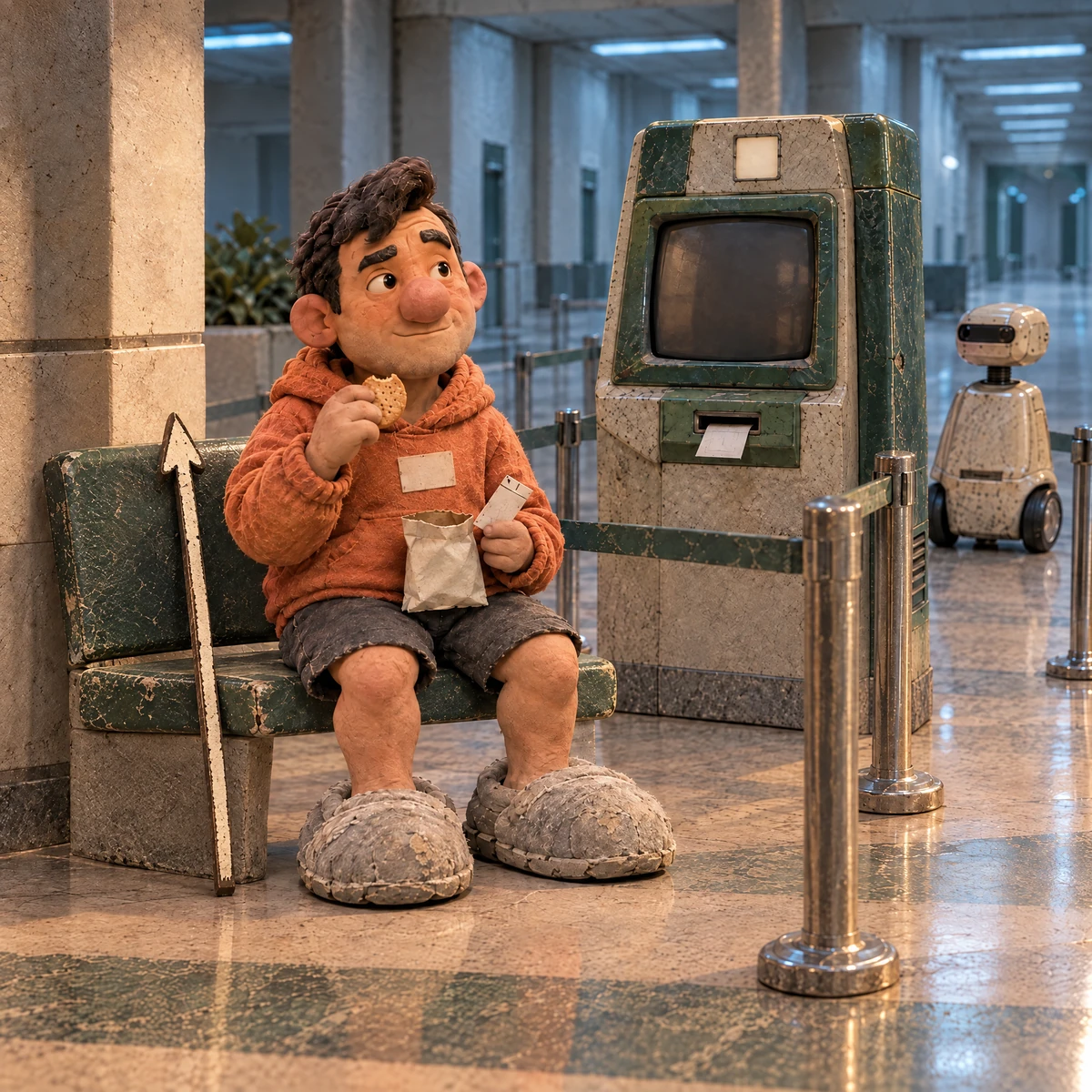 Hugh calmly eats a biscuit beside the closed checkpoint, holding his paper ticket.