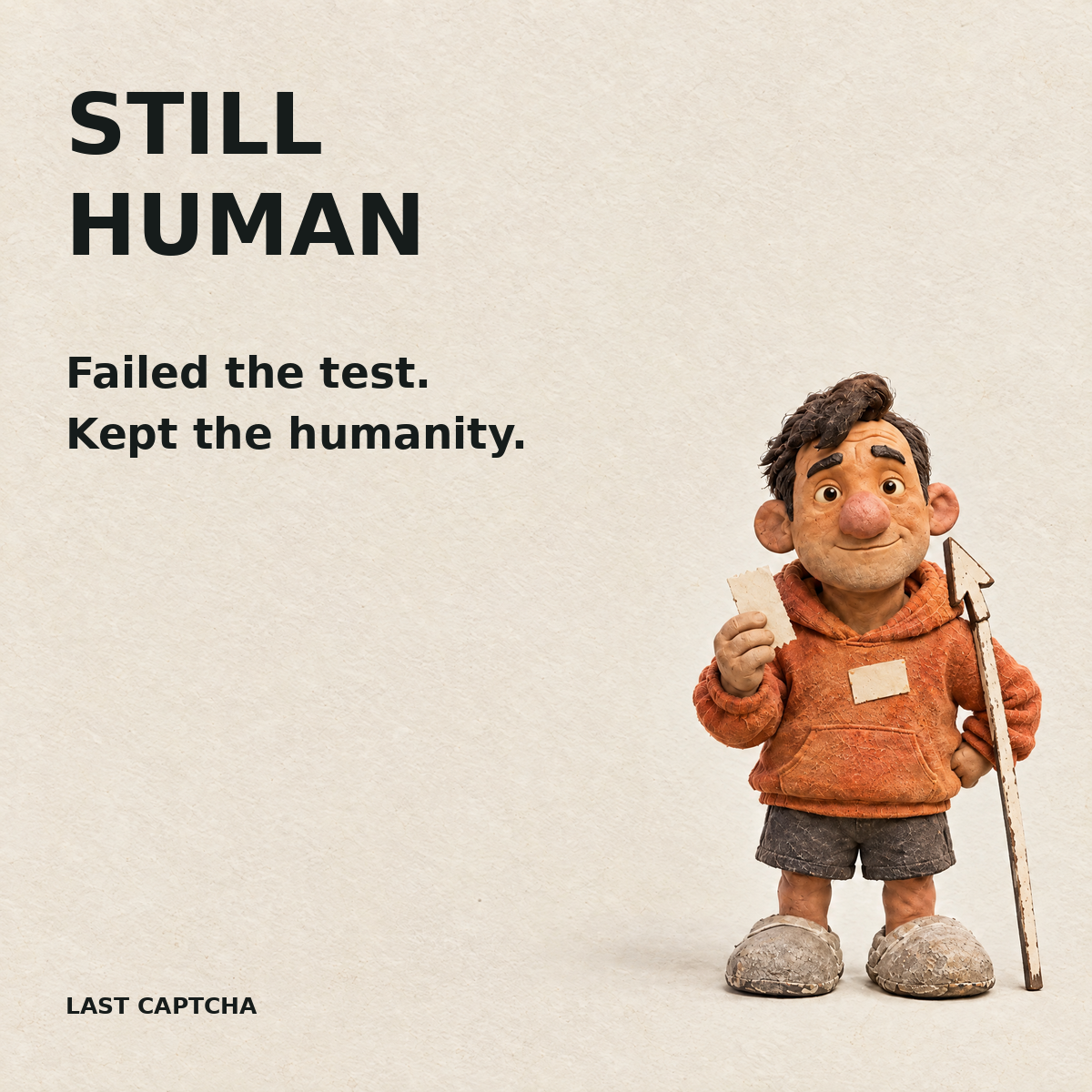 Still Human. Failed the test. Kept the humanity. Hugh holds his rejection ticket.