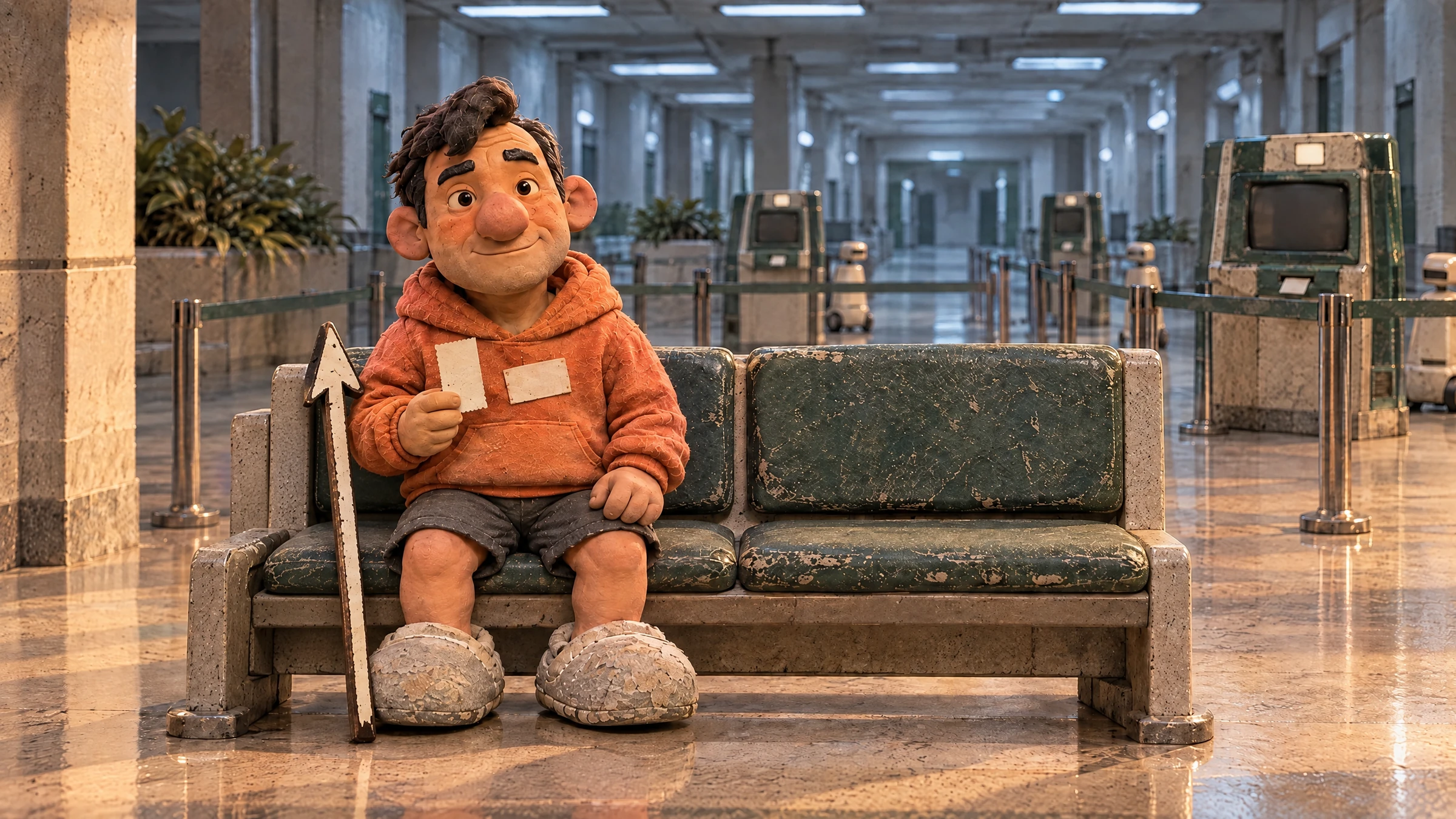 Hugh smiles from a worn bench with his ticket and cursor, leaving an empty seat for another human.